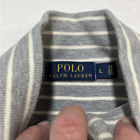 Polo Ralph Lauren Sweater Mens L Gray Striped 1/4 Zip Mock Neck Preppy Old Money - Picture 7 of 8